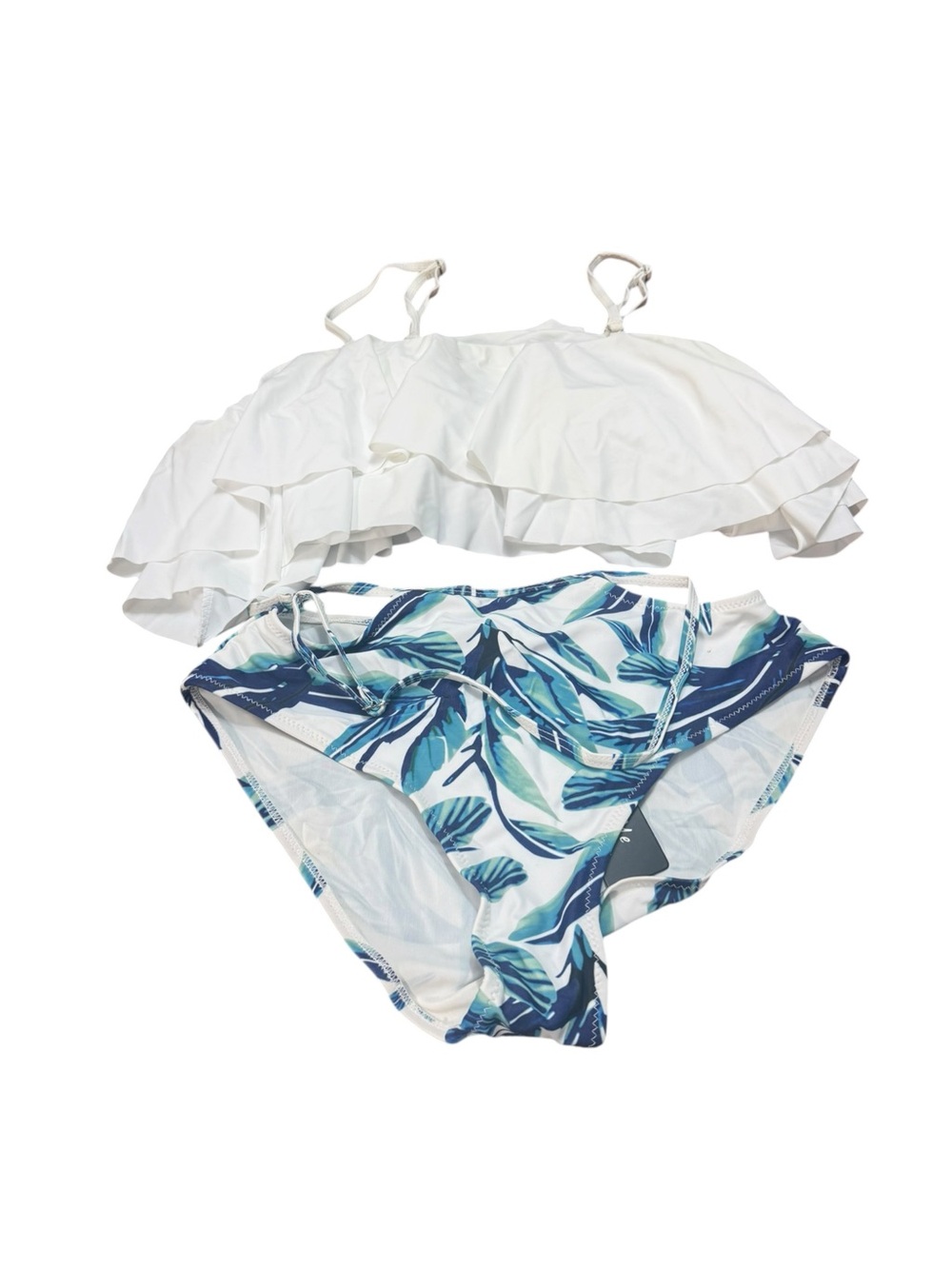 Women's White Ruffle Bikini Top with Blue Leaf-Print Bottom